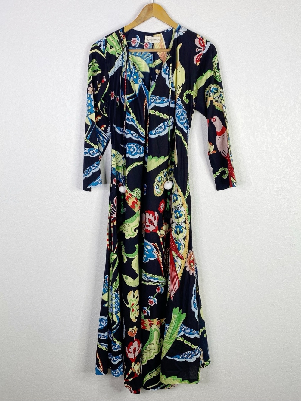 Jayshree Dalal Black & Multi Color Bird Pattern Cotton Kaftan Tunic Dress